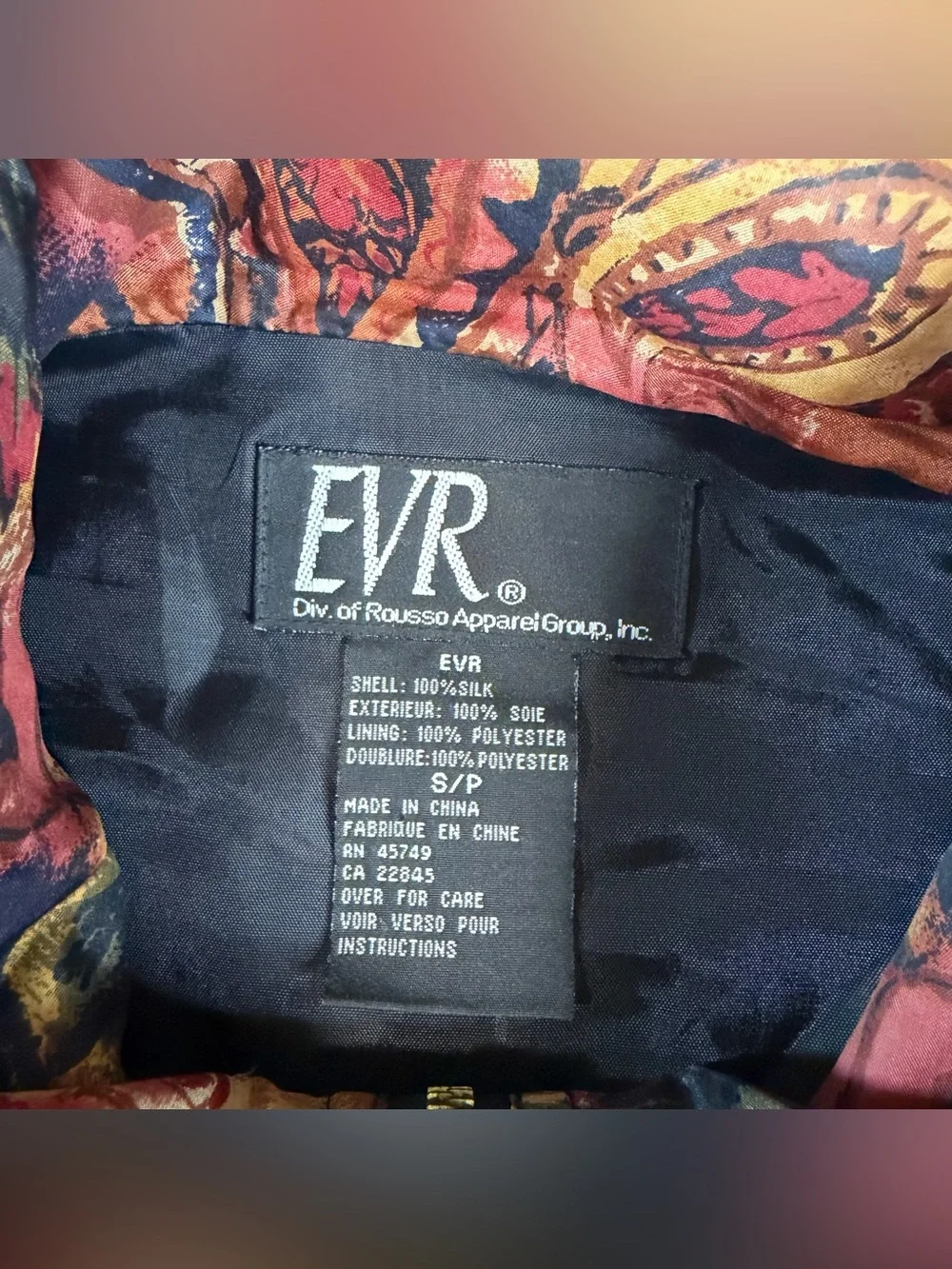 VTG 90s EVR Div Rousso 100% Silk Bomber Jacket All Print Small Paisley Leaf Fall